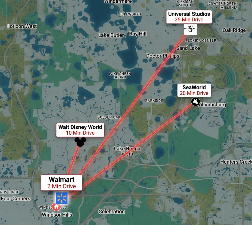 Map showing drive times from Windsor Hills Resort to Walt Disney World, Universal Studios, SeaWorld, and Walmart